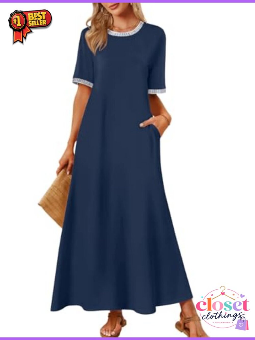Womens Summer Casual Short Sleeve Maxi Tshirt Dress with Pockets